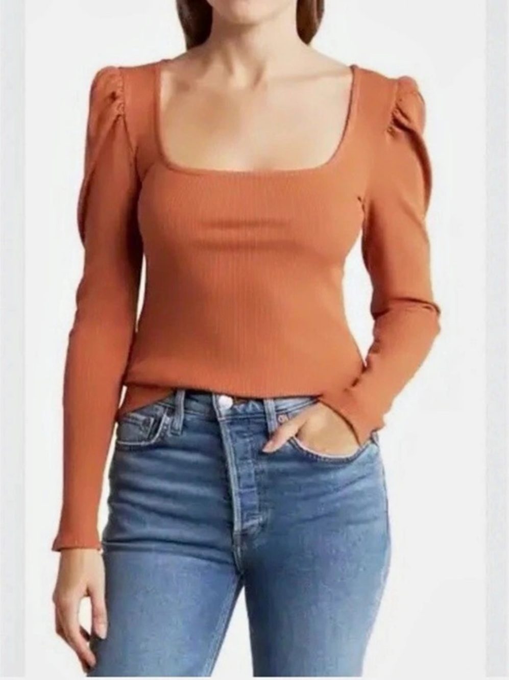 7 For All Mankind Ribbed Puff Long Sleeve Top in Rust Orange Size Small
